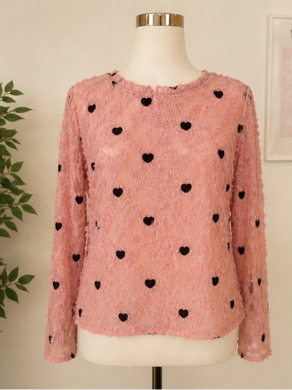 Pink Sheer Blouse with Black Hearts Design
